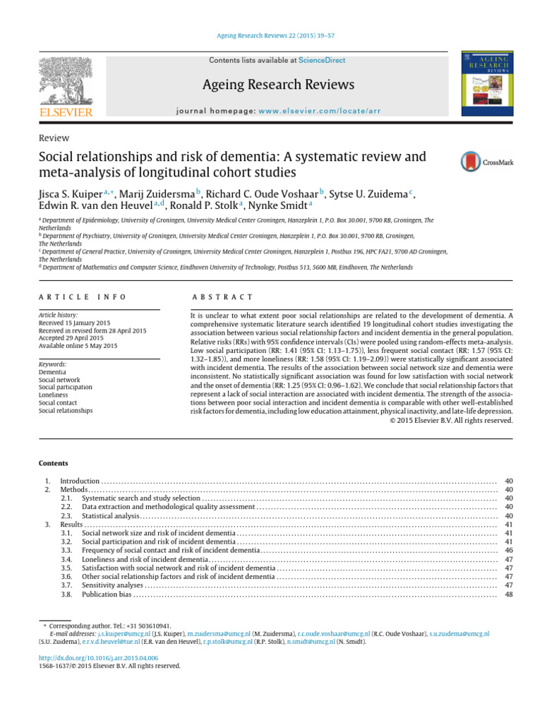 Social Relationships and Dementia Risk | PDF | Meta Analysis | Dementia