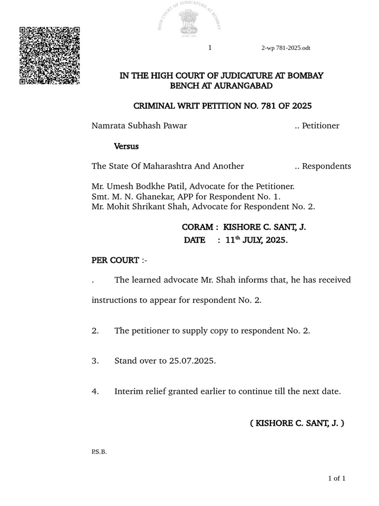Bombay High Court Criminal Writ 781/2025 | PDF
