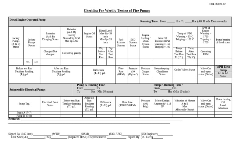 Weekly Fire Pump Testing Checklist | PDF | Pump | Mechanical Engineering