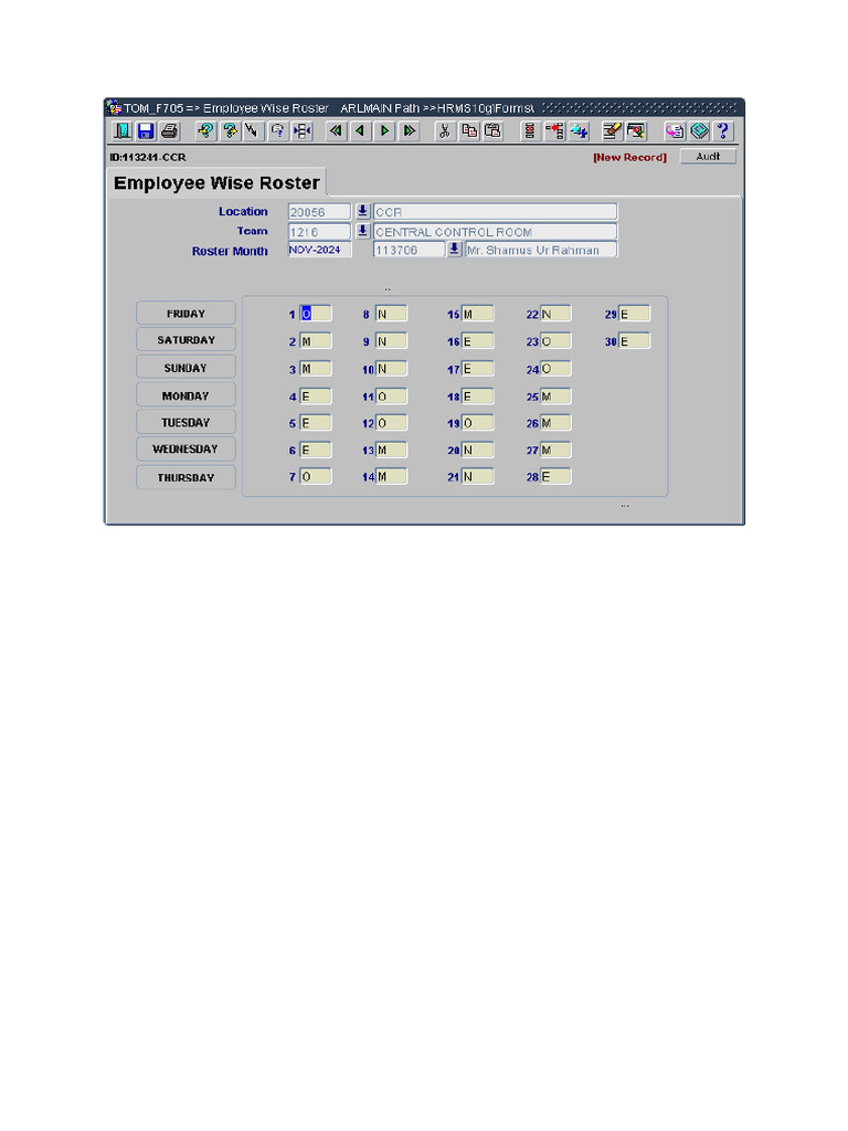 TOM - F705 - Employee Wise Roster ARLMAIN Path - HRMS10g - Forms | PDF
