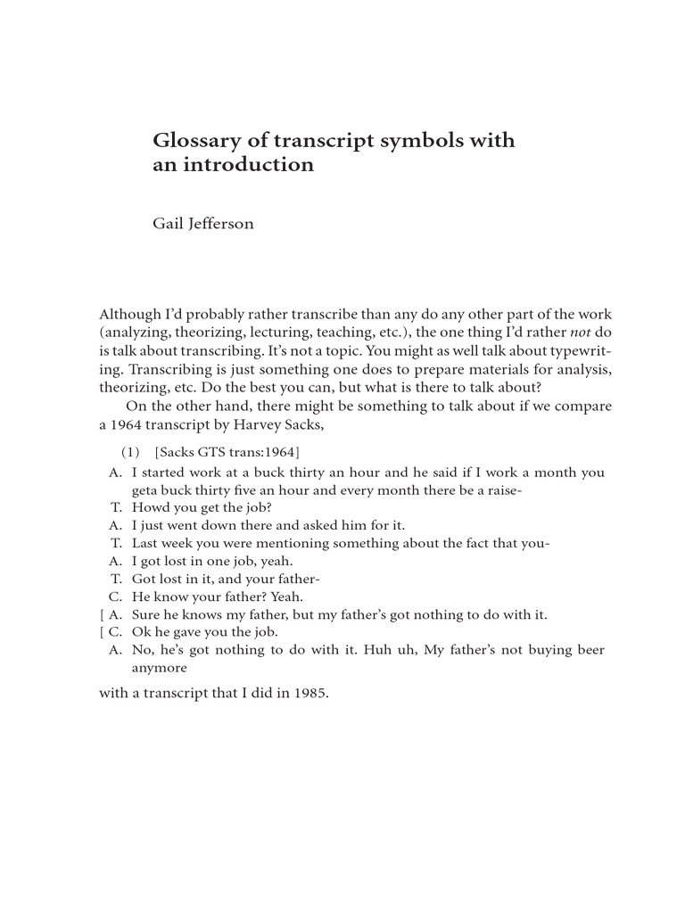 Transcript Symbols Glossary | PDF | Linguistics | Human Communication