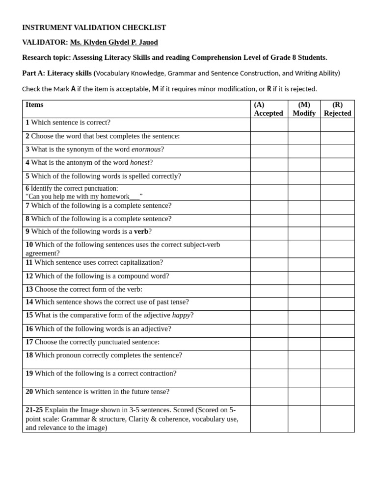 Grade 8 Literacy Skills Checklist | PDF | Verb | Vocabulary