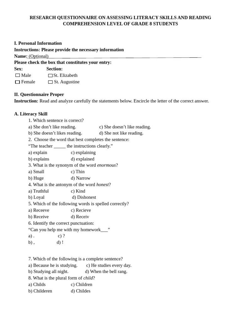 Grade 8 Literacy Skills Assessment Questionnaire | PDF