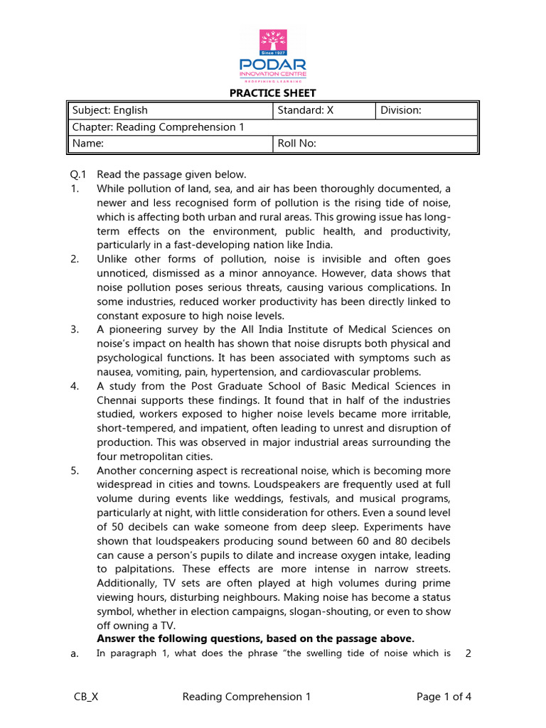 1745570468789.PS CB X Eng Reading Comprehension 1 | PDF | Noise ...