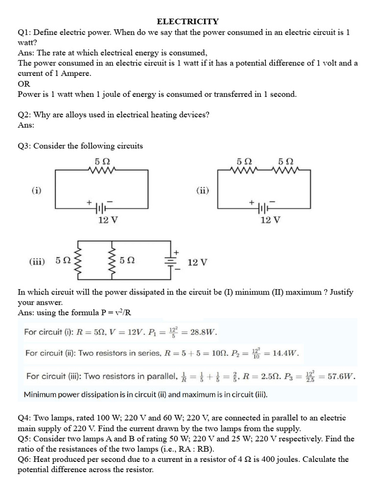 Important Questions Electricity 2025 | PDF | Voltage | Series And ...