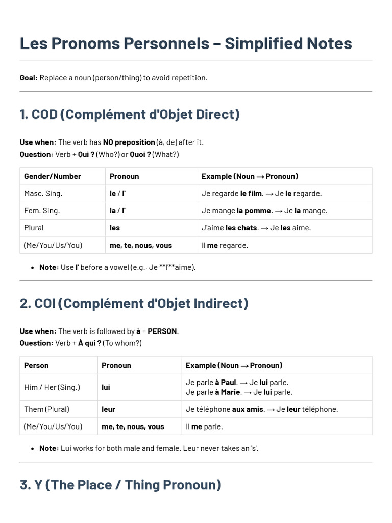 Guide des Pronoms Personnels en Français | PDF | Complément d'objet ...