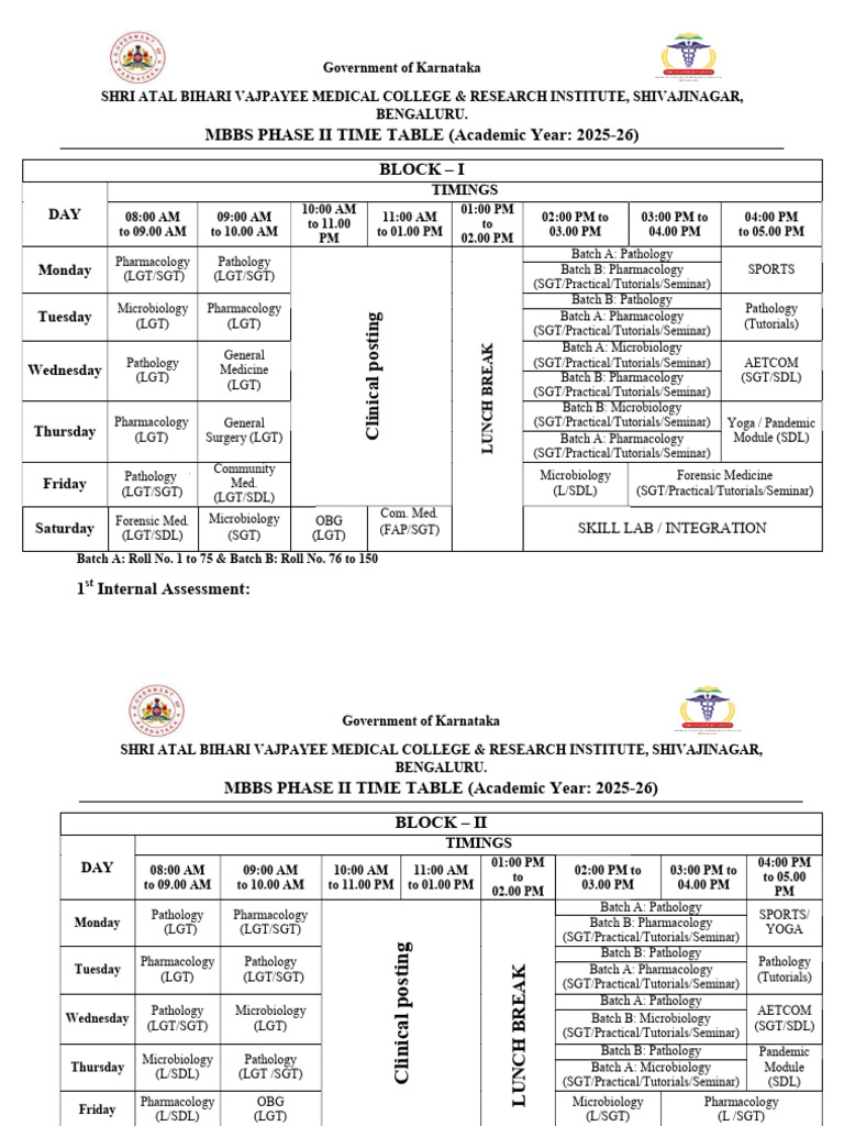 MBBS Phase II Timetable 2025-26 | PDF | Medical School | Medical Education