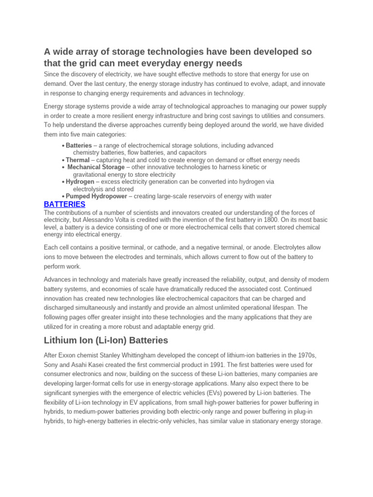 Energy Storage Technologies Explained | PDF | Lithium Ion Battery ...
