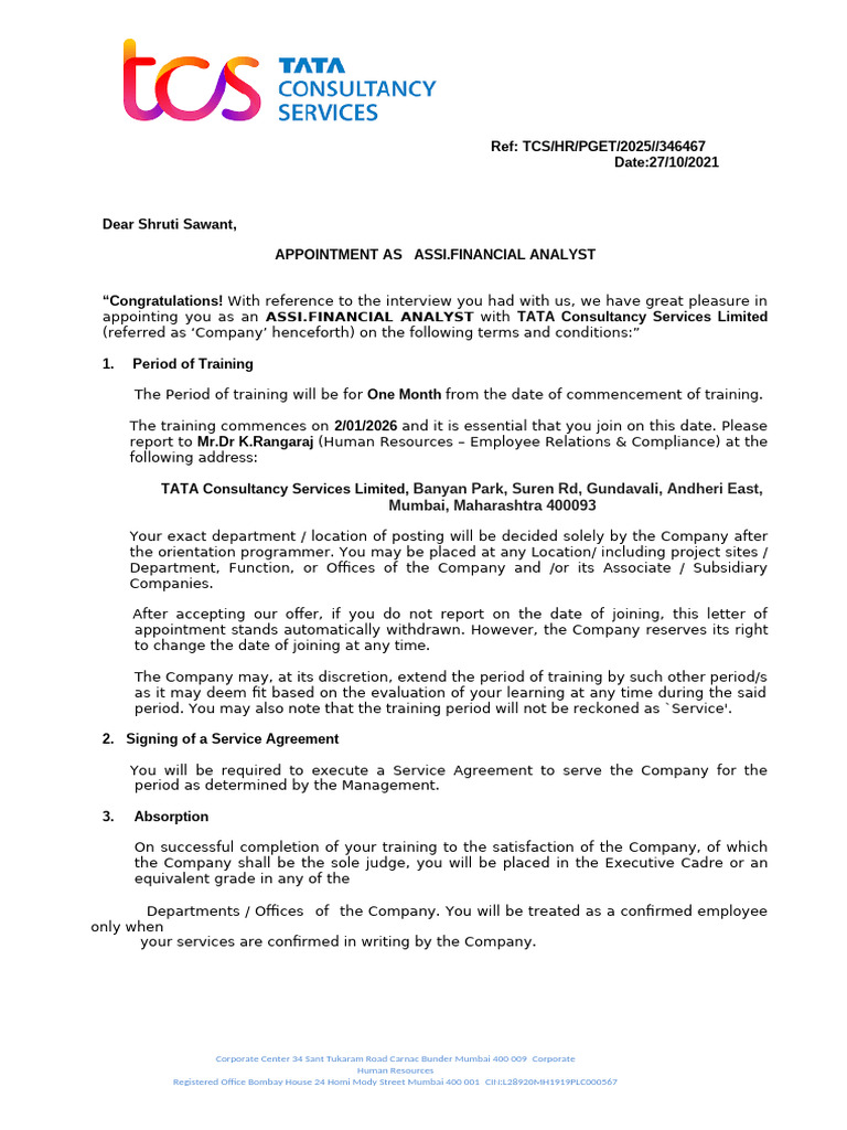 TCS Appointment Letter for Financial Analyst | PDF | Life Insurance ...