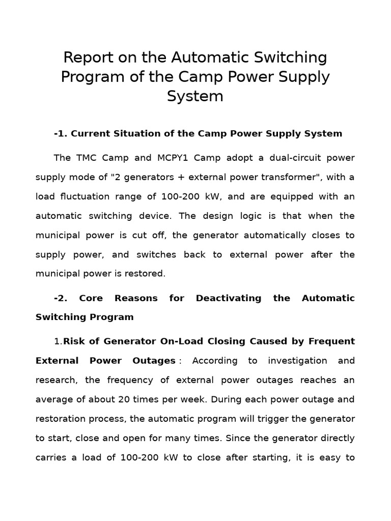 Camp Power Supply System Report | PDF | Electric Generator | Power Supply