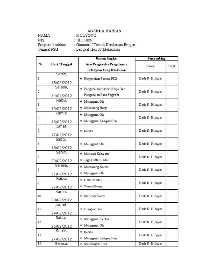 Contoh Agenda Harian Prakerin