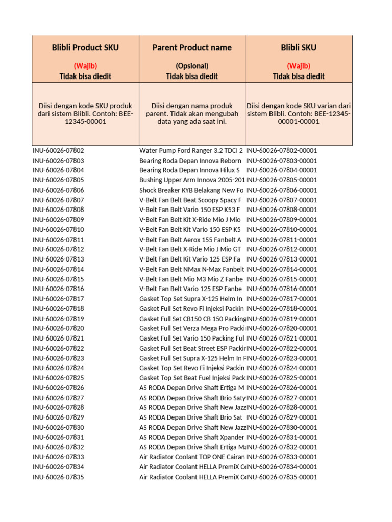 Blibli Product SKU List for Auto Parts | PDF | Toyota | Land Vehicles