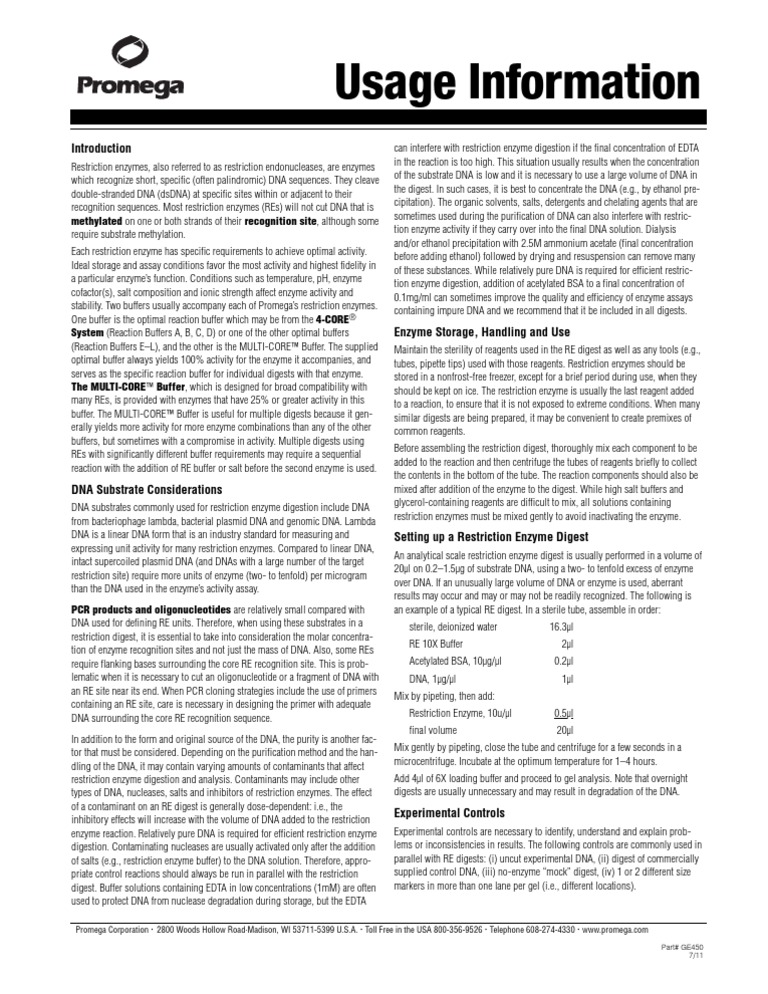 Restriction Enzyme Digest Protocol PDF Restriction Enzyme Enzyme
