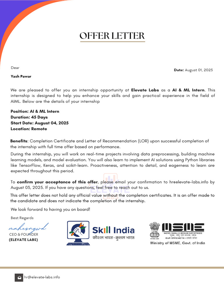 Offer Latter Aiml Elevate Labs | PDF