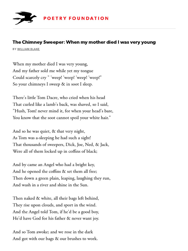 The Chimney Sweeper - When My Mother Died I - The Poetry Fo... | PDF