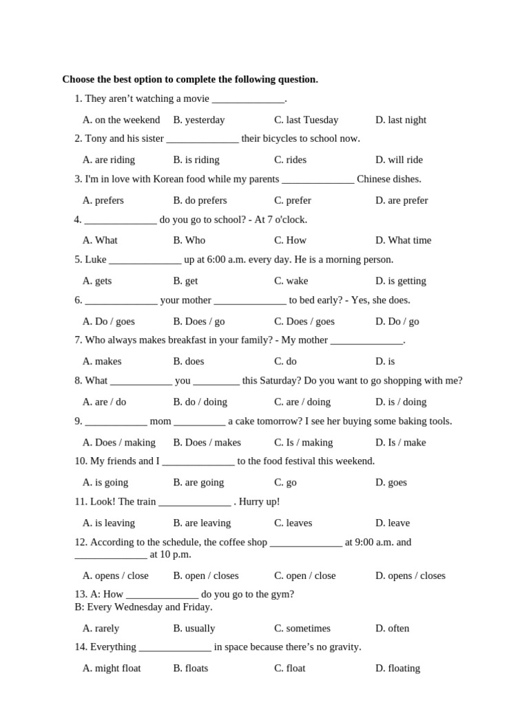 English Grammar Quiz: Fill in the Blanks | PDF | Lunch | Chess