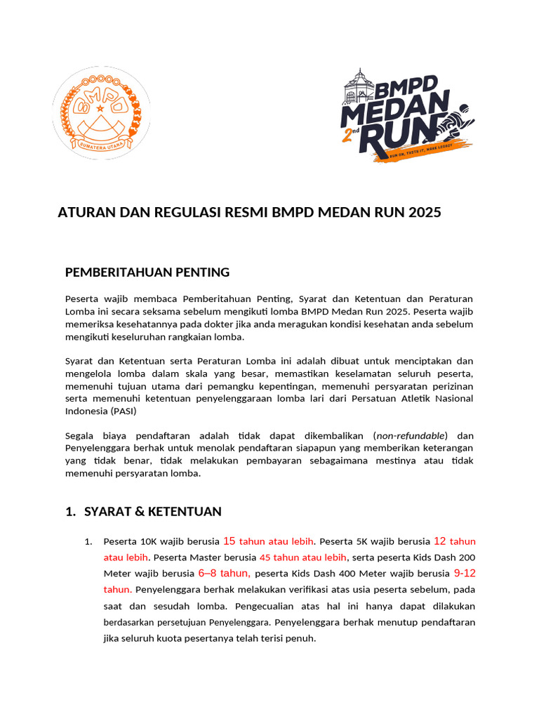 Aturan Resmi BMPD Medan Run 2025 | PDF