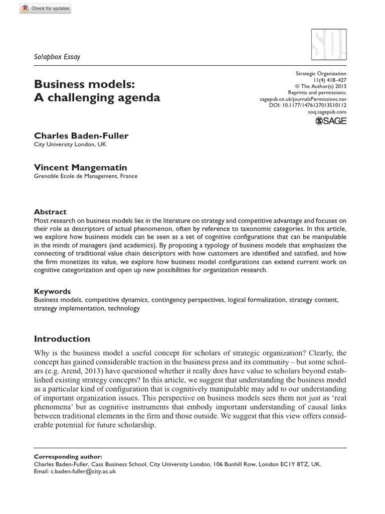 Baden Fuller Mangematin 2013 Business Models A Challenging Agenda | PDF ...