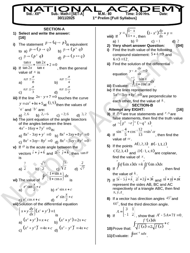 Math Full (A & B) Prelim 30-11-25 | PDF | Line (Geometry) | Perpendicular