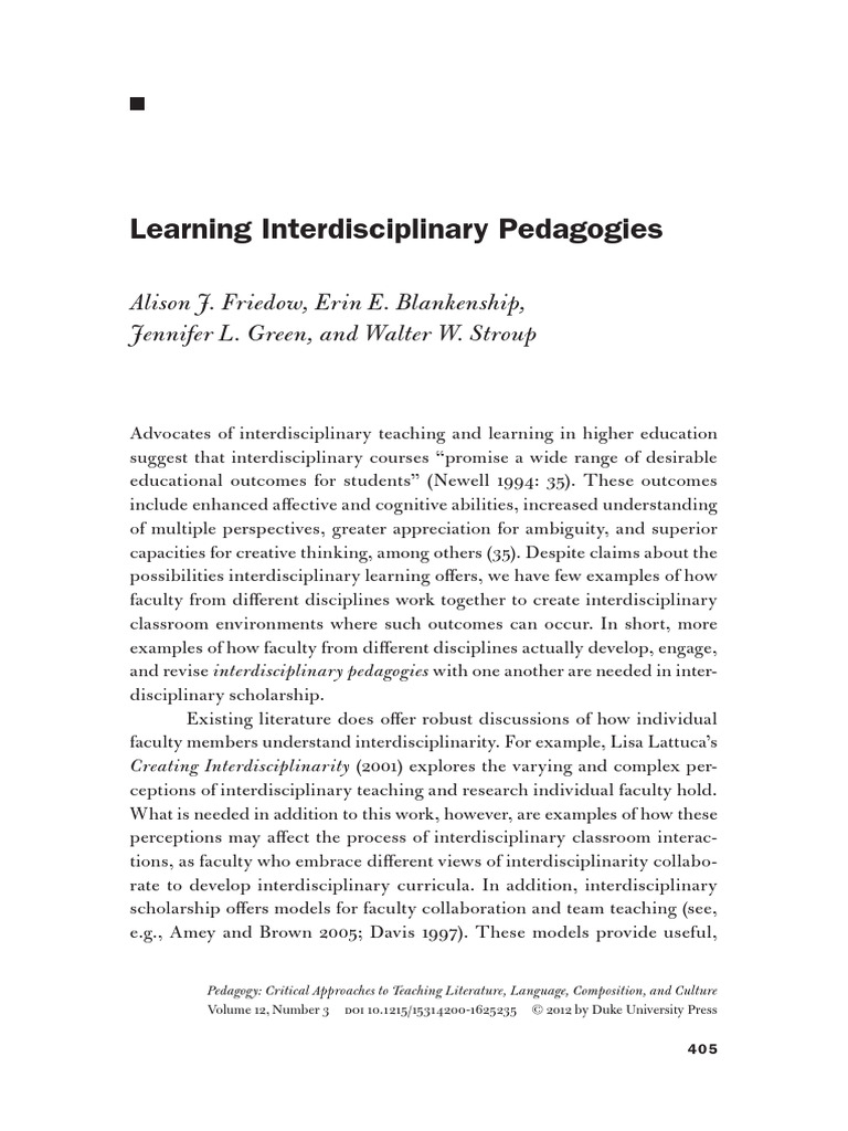 friedow2012_Learning Interdisciplinary Pedagogies | PDF | Pedagogy ...