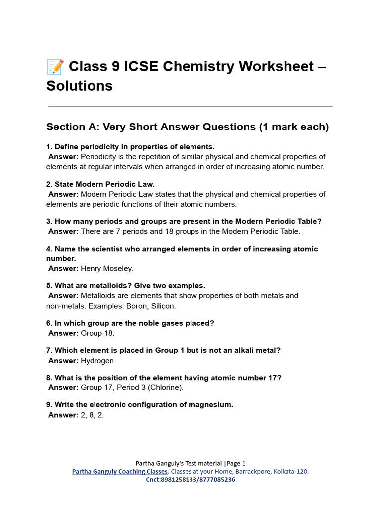 Class 9 ICSE Chemistry Worksheet | PDF | Periodic Table | Chemical Elements