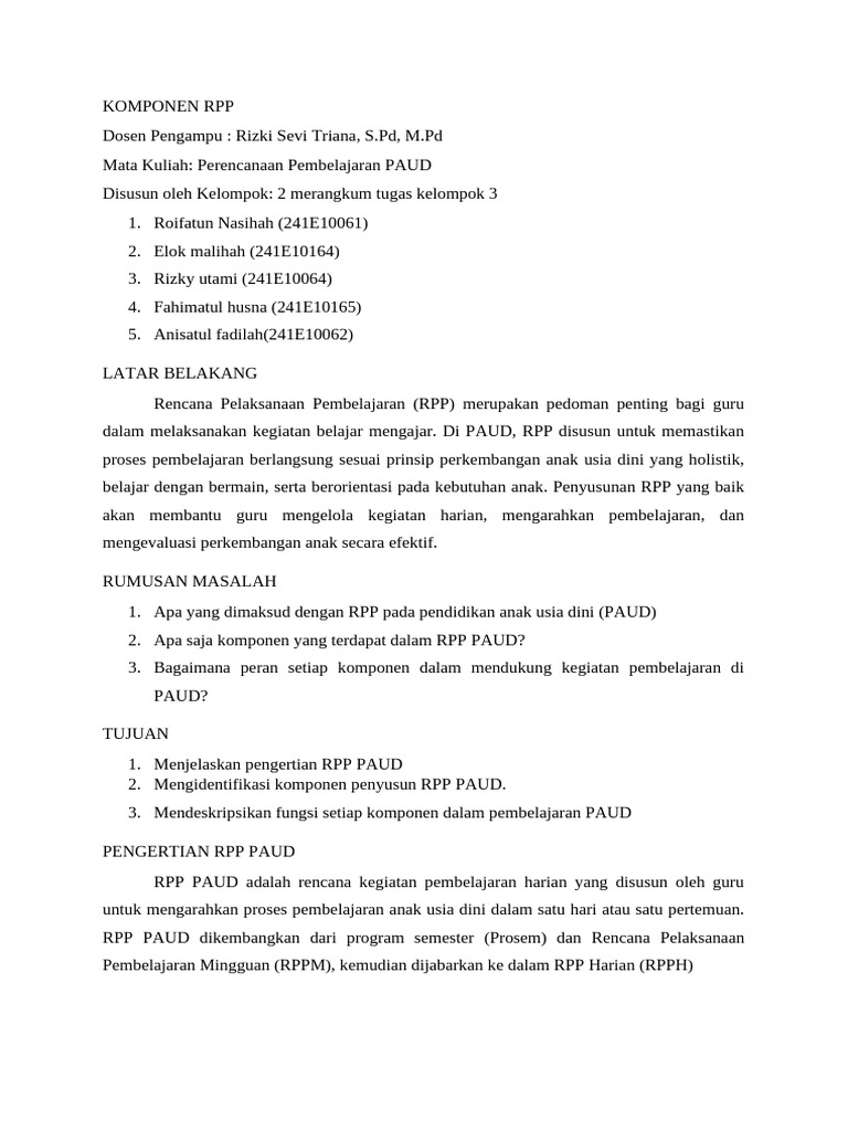 Tugas Resum Komponen Rpp | PDF