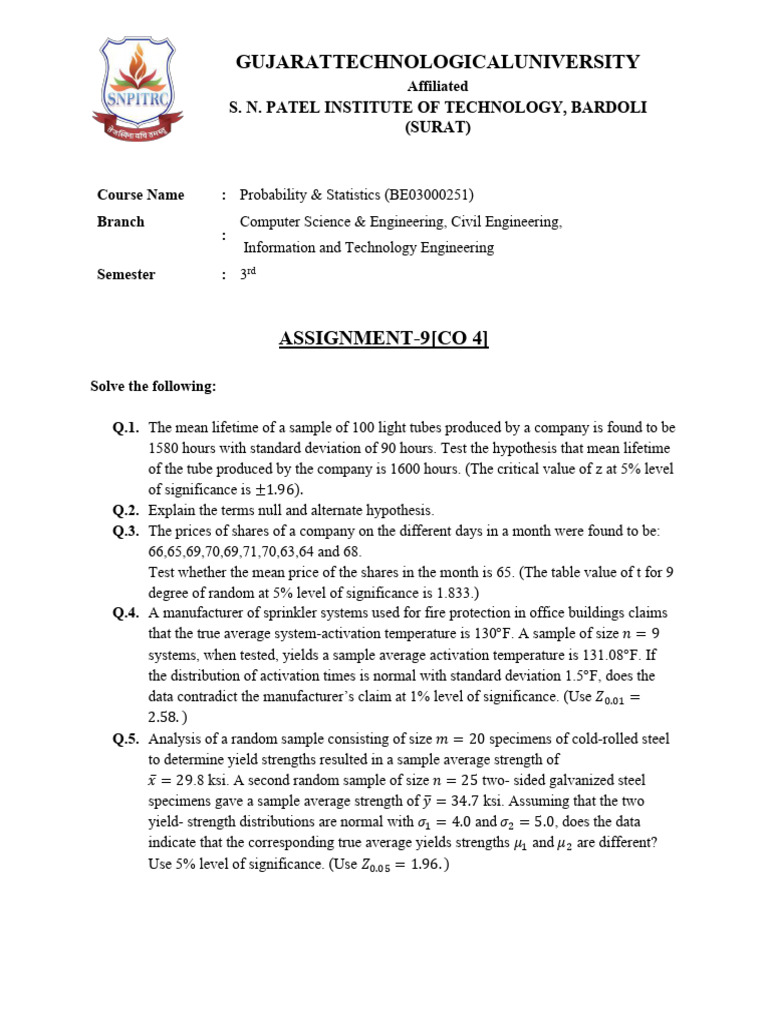 P&S Assignment 9 BE03000251 | PDF
