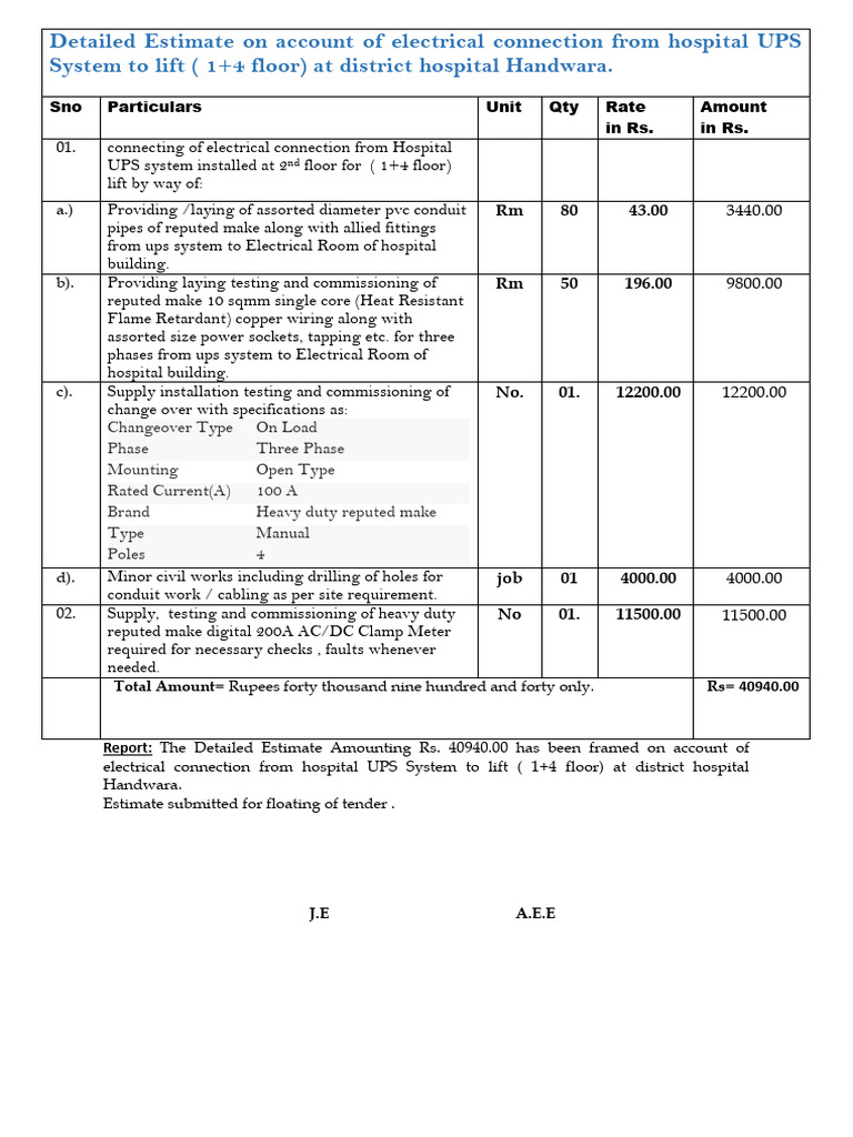 Electrical Connection Estimate for Hospital Lift | PDF | Electrical ...