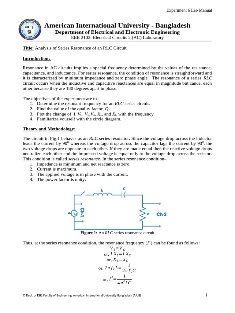 Series Resonance in RLC Circuits Lab | PDF