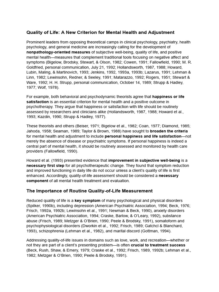 Quality of Life A New Criterion For Mental Health and Adjustment | PDF ...