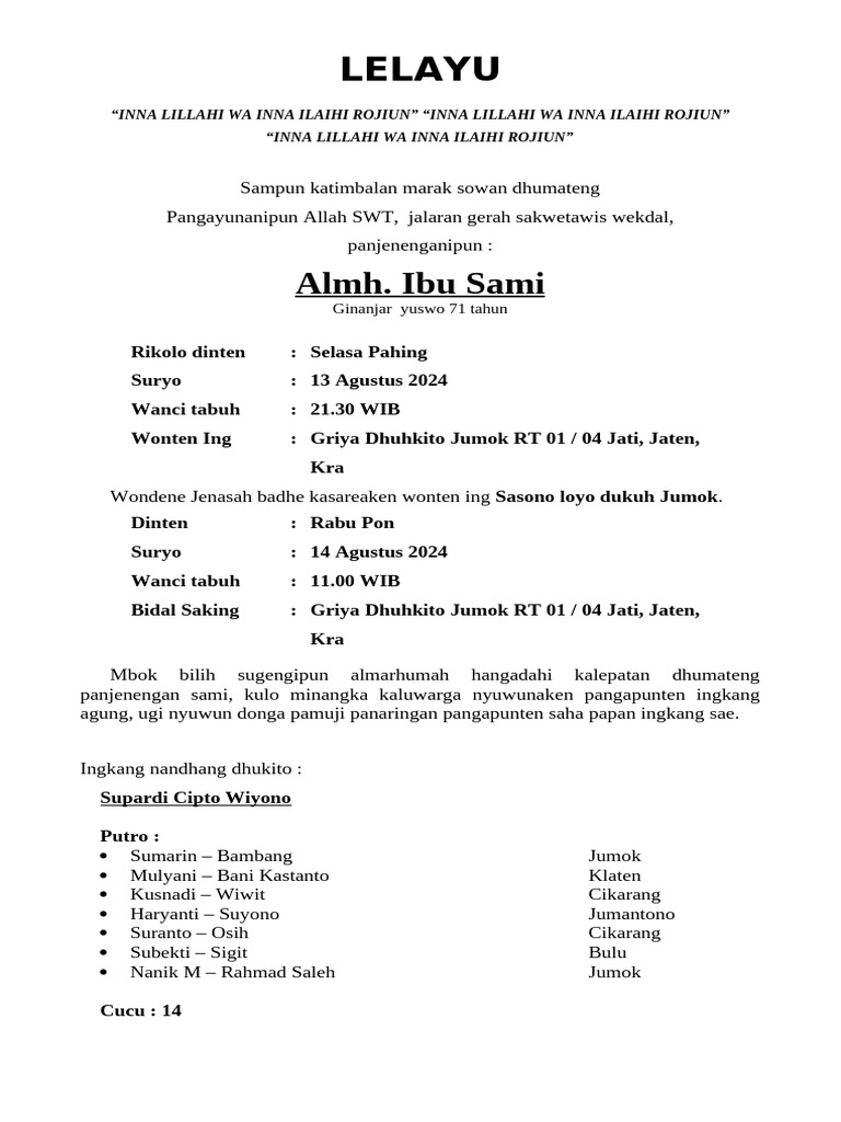 Pengumuman Kematian Almh. Ibu Sami | PDF