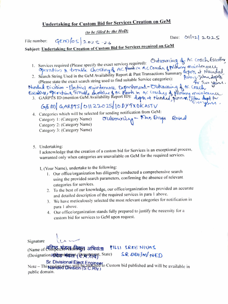 Custom Bid Undertaking for GeM Services | PDF