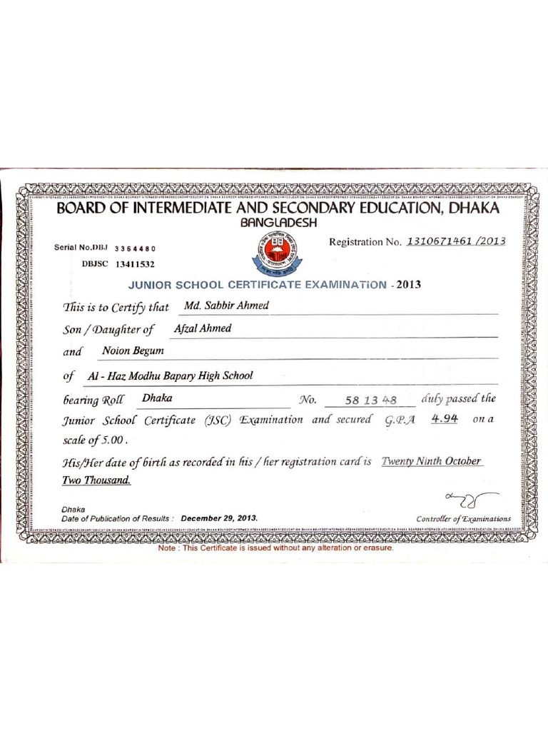 Dhaka Board JSC Certificate | PDF