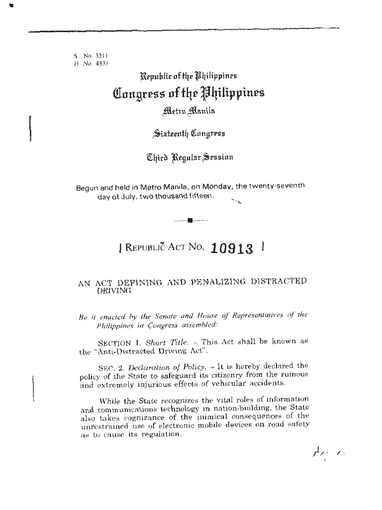 RA10913 An Act Defining and Penalizing Distracted Driving | PDF