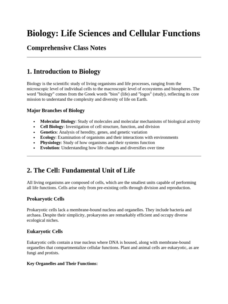 Biology Class Notes: Life Sciences Overview | PDF | Genetics | Cell ...