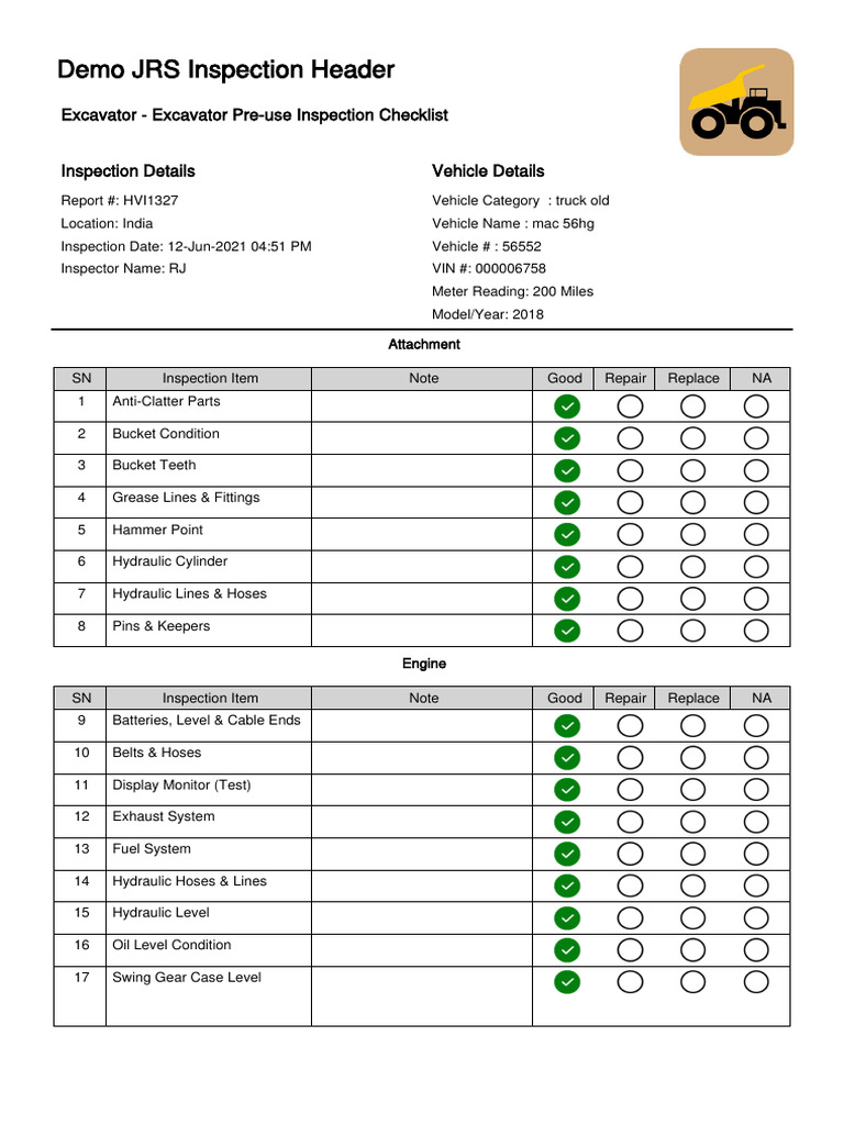 Excavator Pre-Use Inspection Report | PDF | Vehicles | Land Vehicles