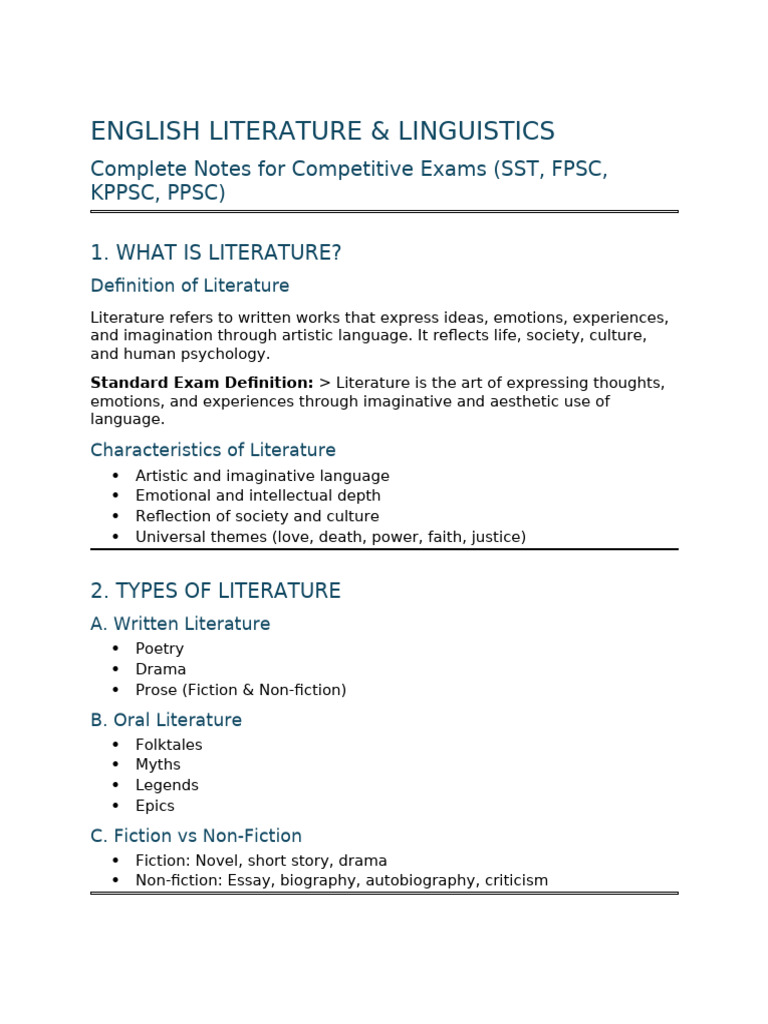 English Literature & Linguistics Exam Notes | PDF | Linguistics | Poetry