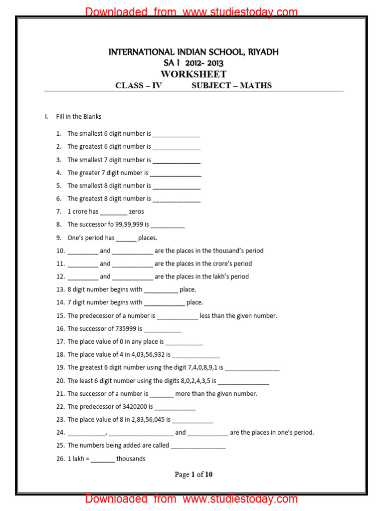 Class IV Maths Worksheet: Number Concepts | PDF | Division (Mathematics ...