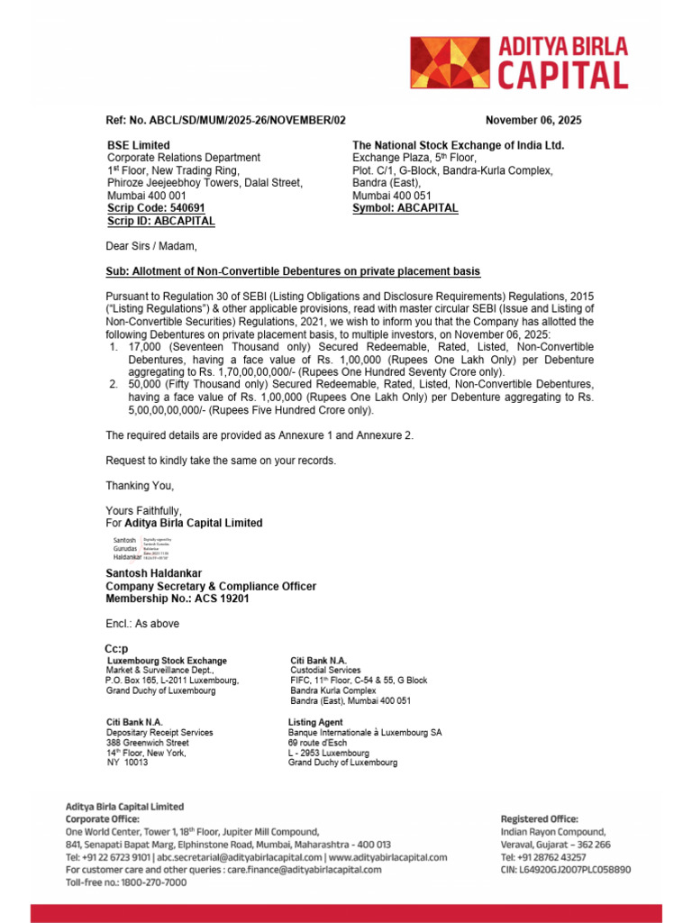071125 ABCL NCD Allotment Nov 06 2025 Reg 30 Final Signed | PDF ...