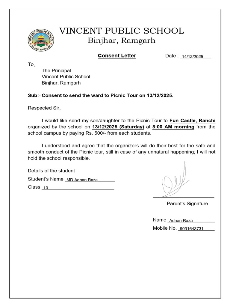 Consent Letter for School Picnic 2025 | PDF