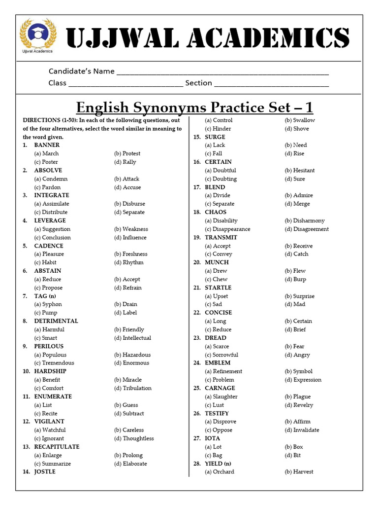 English Synonyms Practice Set - 1 | PDF