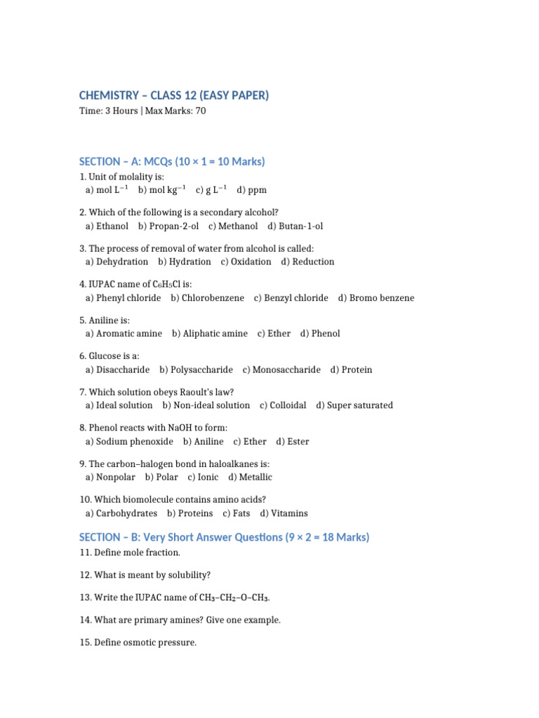 Class 12 Chemistry Easy Paper | PDF | Amine | Carbohydrates