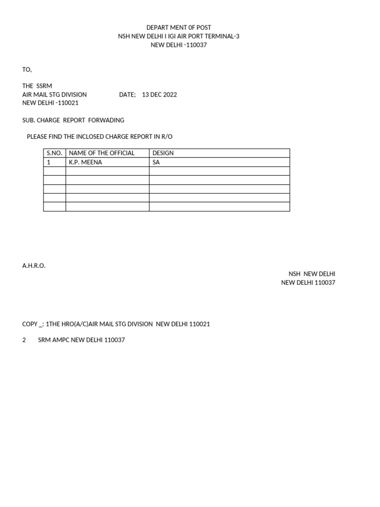 Charge Report Forwarding - Department of Post | PDF