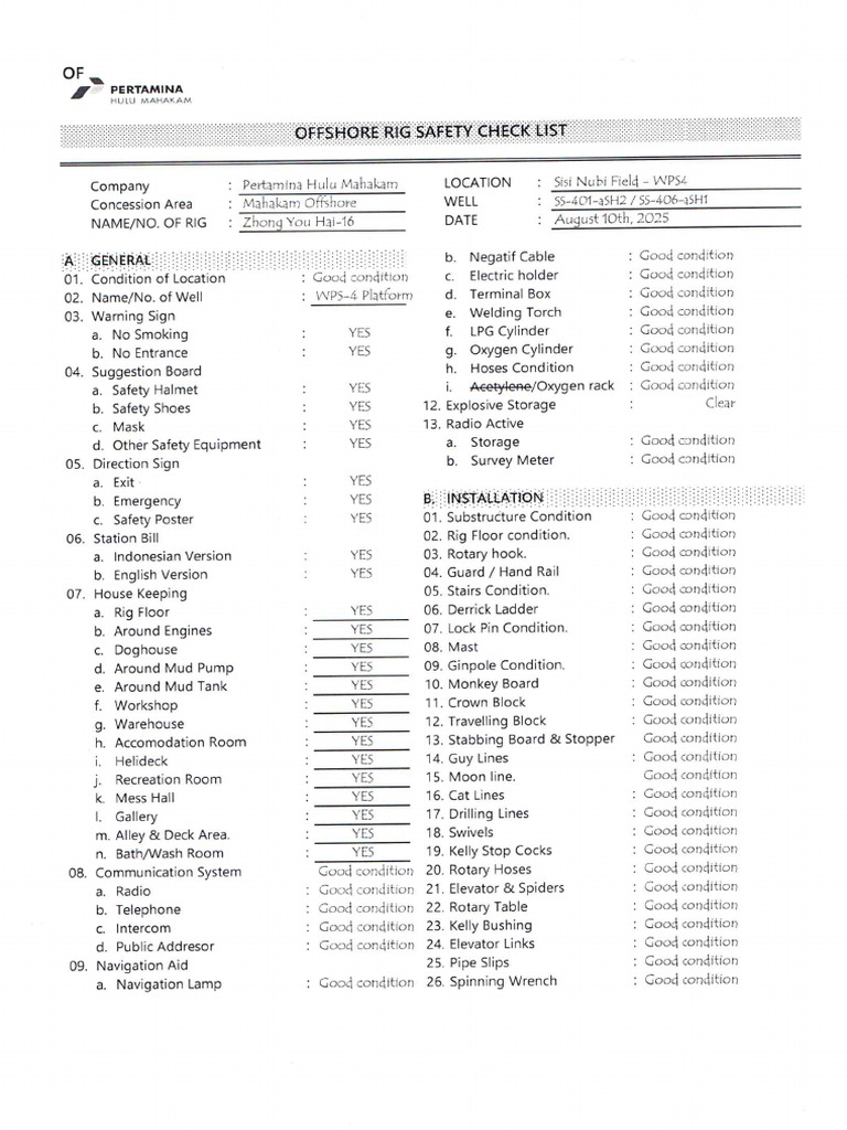 (Fully Signed) Offshore Rig Safety Checklist-WPS4 Platform | PDF