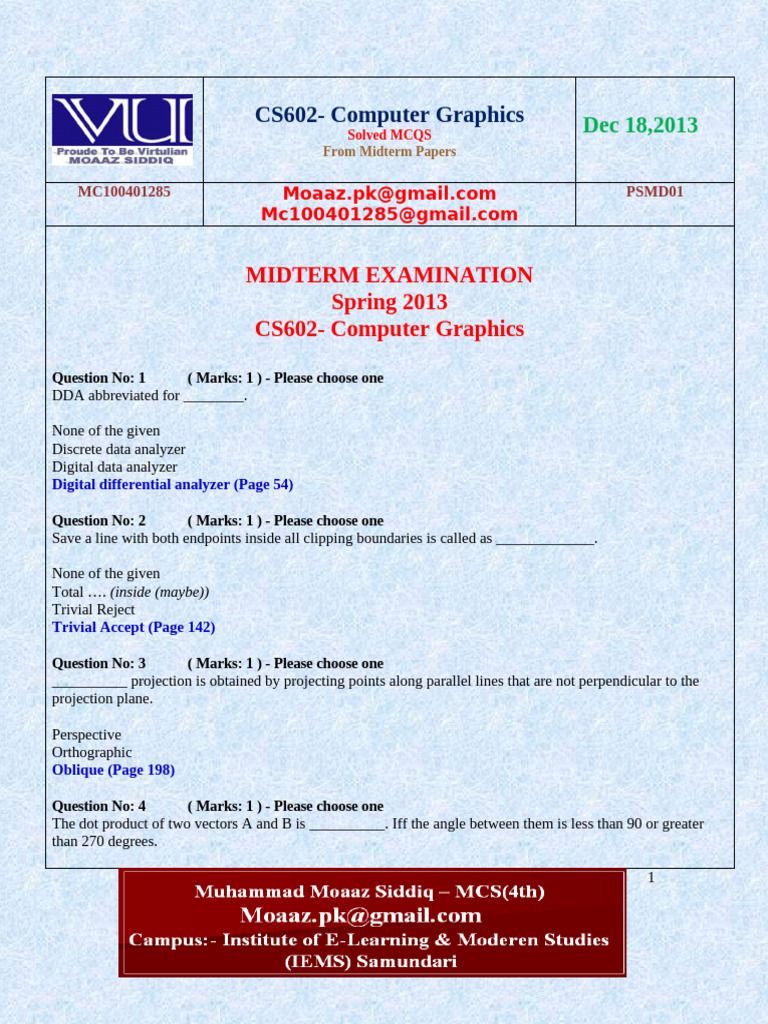 CS602 Computer Graphics MCQs Guide | PDF | Shape | Ellipse