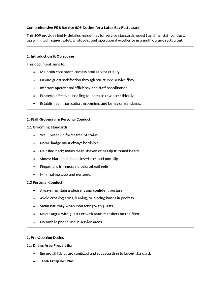 F&B Service SOP for Lotus Bay Restaurant | PDF | Sink | Menu