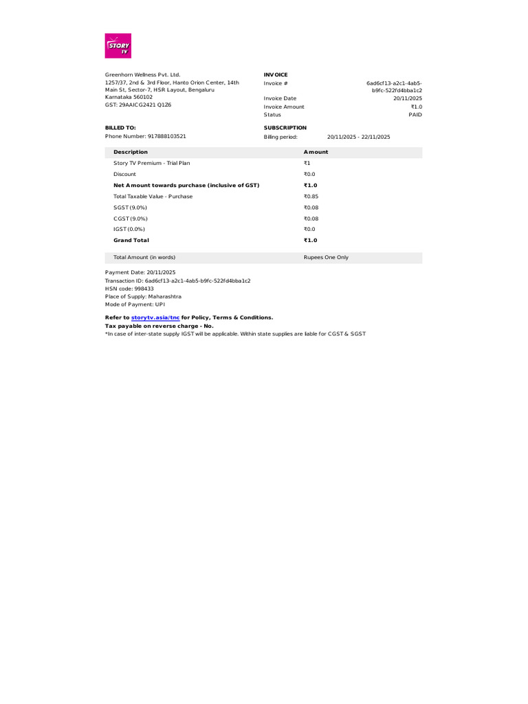 Greenhorn Wellness Invoice Details | PDF
