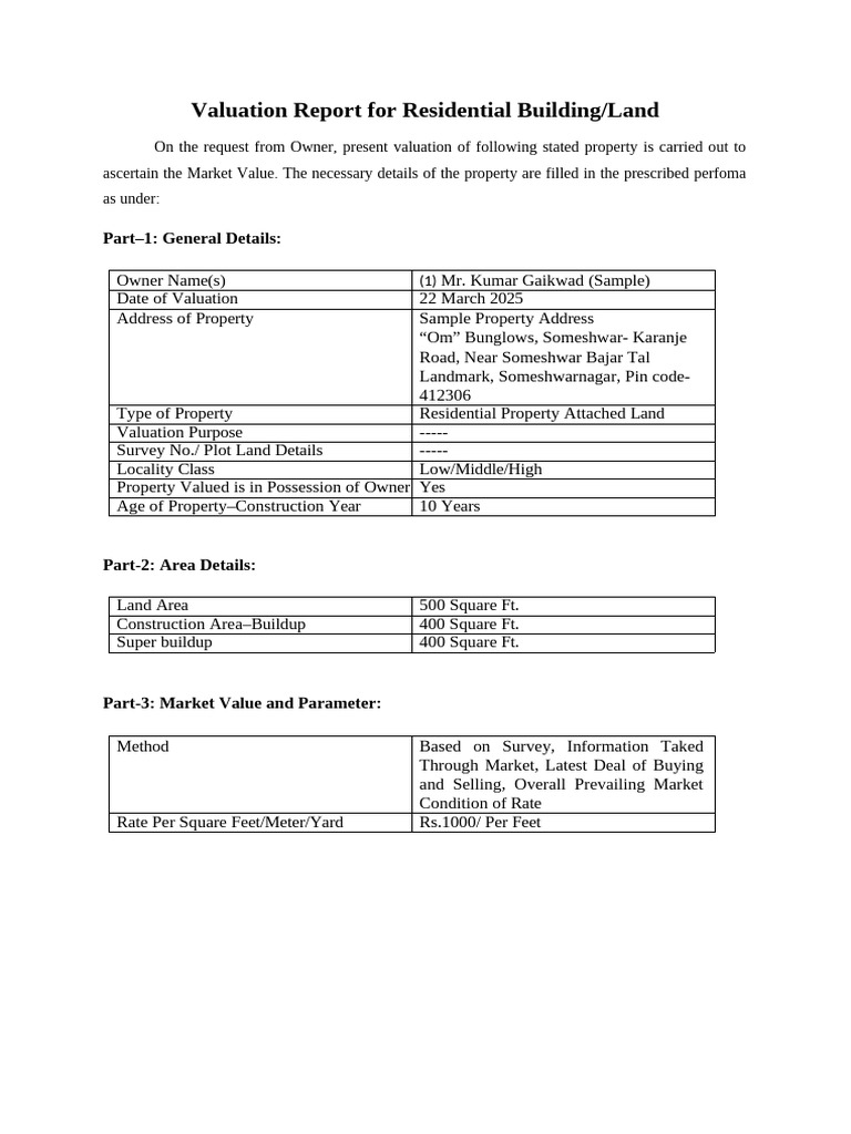 Residential Property Valuation Report | PDF | Real Estate Appraisal ...