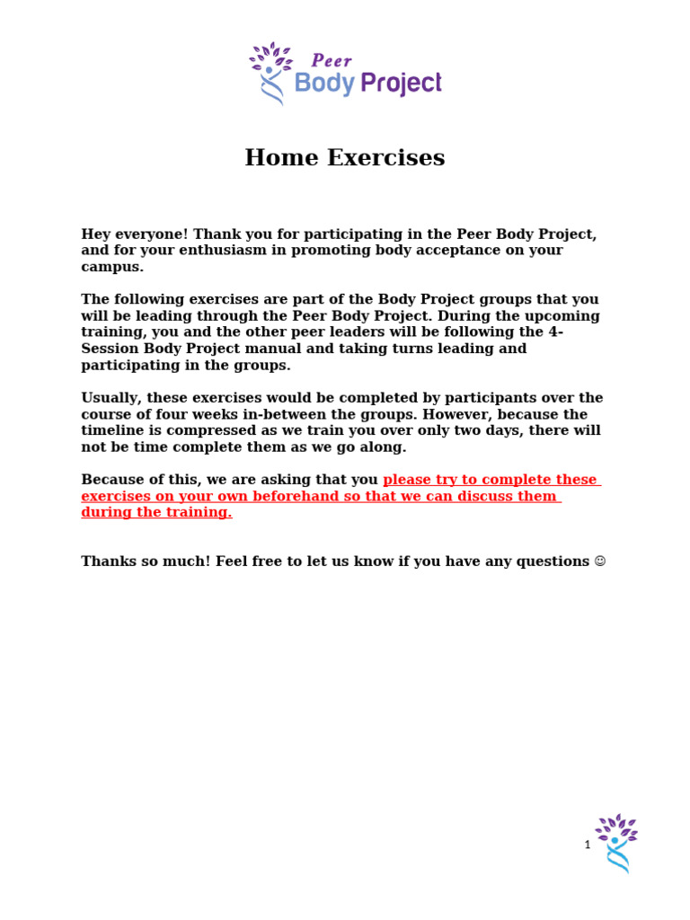Body Project Home Exercises Guide | PDF | Psychology | Behavioural Sciences