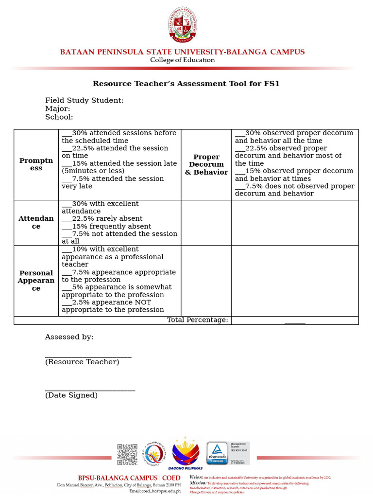 FS1 Resource Teacher Assessment Tool | PDF